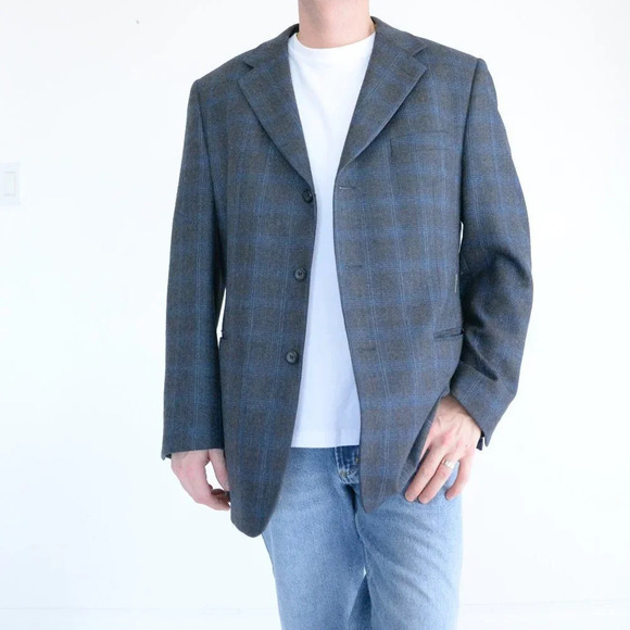 Perry Ellis Vintage Grey Blue Checker Pattern Wool Three Button Blazer - Size 44 - Picture 2 of 11